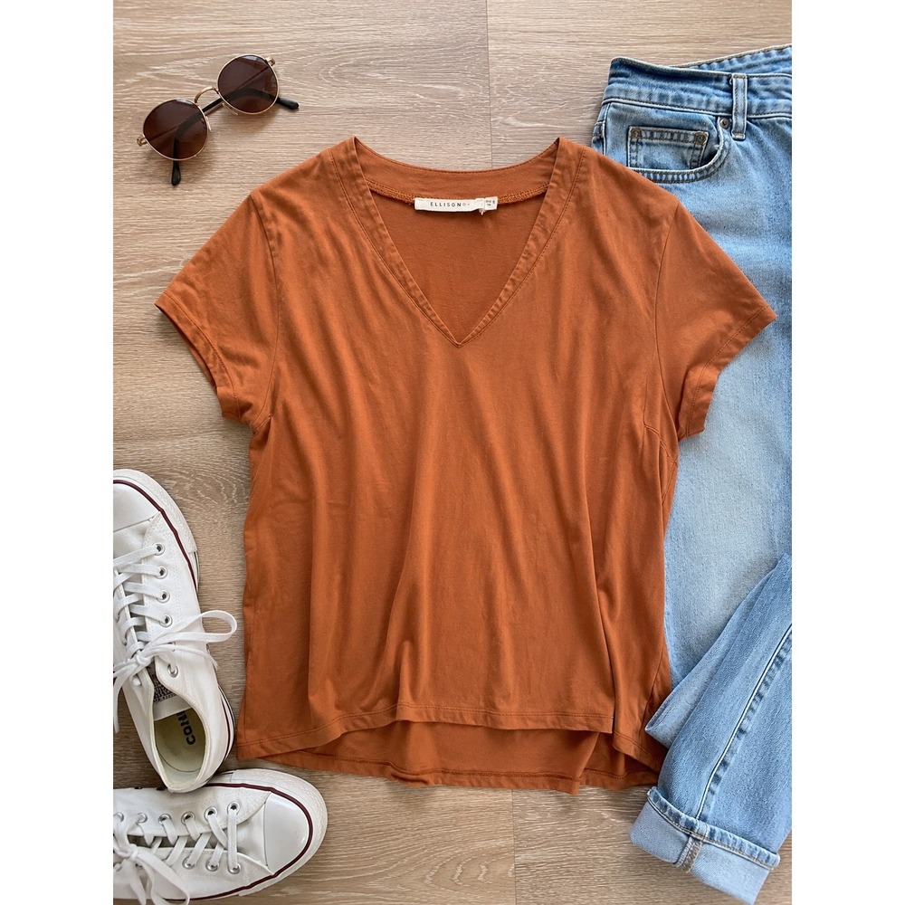 Ellison Womens Rust Orange V-Neck Muscle Tee Cap Sleeve Cotton Blend RT3107-6 S